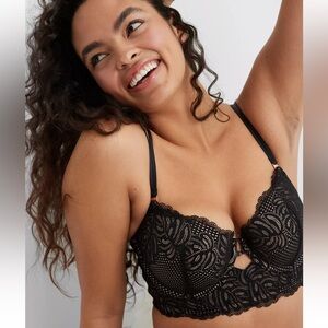 Aerie Real Power Balconette Lightly Lined Be Free Lace Bra in Always Black